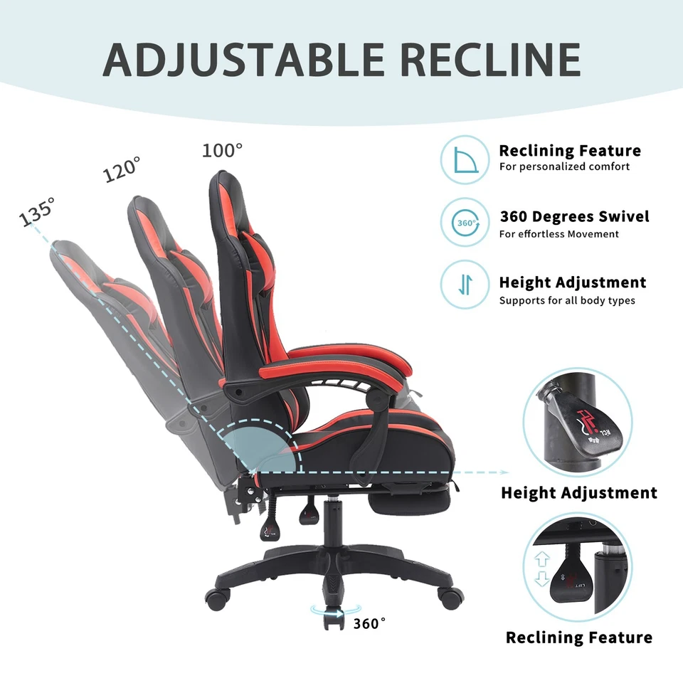 Gaming Chair Swivel Computer Racing Ergonomic Office Chair w/ Footrest Red